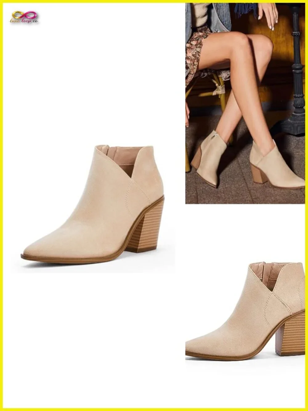 Pointed Toe Ankle Boots Block Chunky Heel Cutout Side Zipper Fall Booties